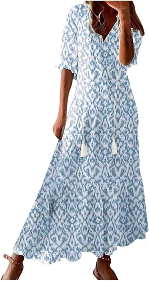 ZWRXW Women Boho Summer Dress Tassel V Neck Ruffle Flowy A-Line Maxi Dresses Short Sleeve Casual Long Dress Beach Vacation
