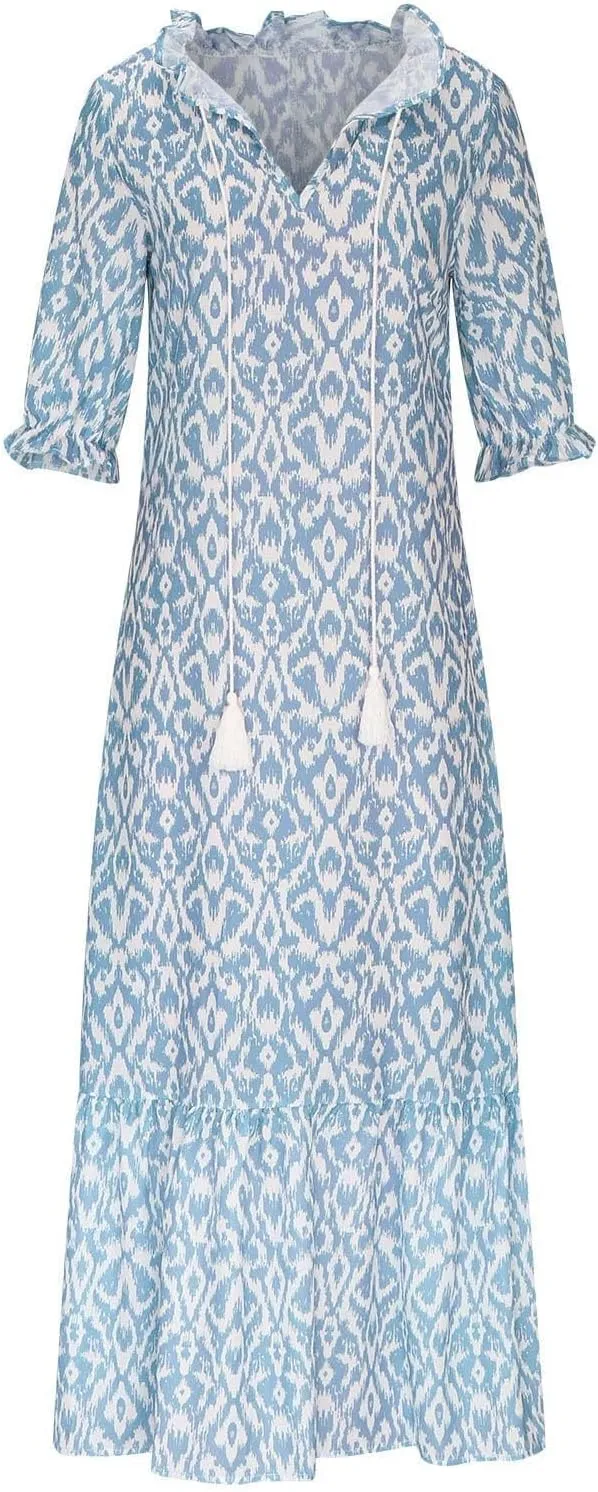ZWRXW Women Boho Summer Dress Tassel V Neck Ruffle Flowy A-Line Maxi Dresses Short Sleeve Casual Long Dress Beach Vacation